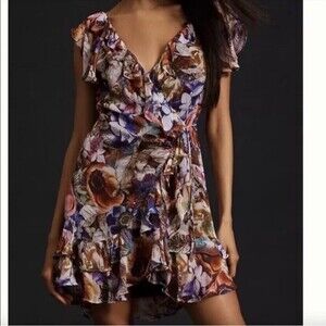 Anthropologie Wrap Dress Size M Floral Mini Ruffled Purple Bohemian Flowers